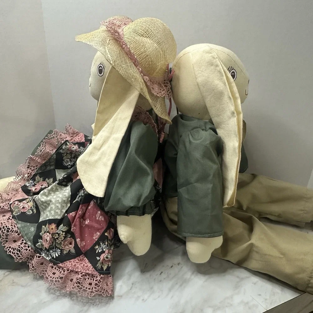 VTG Handmade Bunny Rabbits Plush Country Cottage‎ Chic Primitive Set